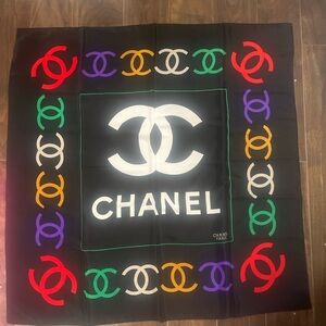CHANEL Black Scarf with Multicolor Logo